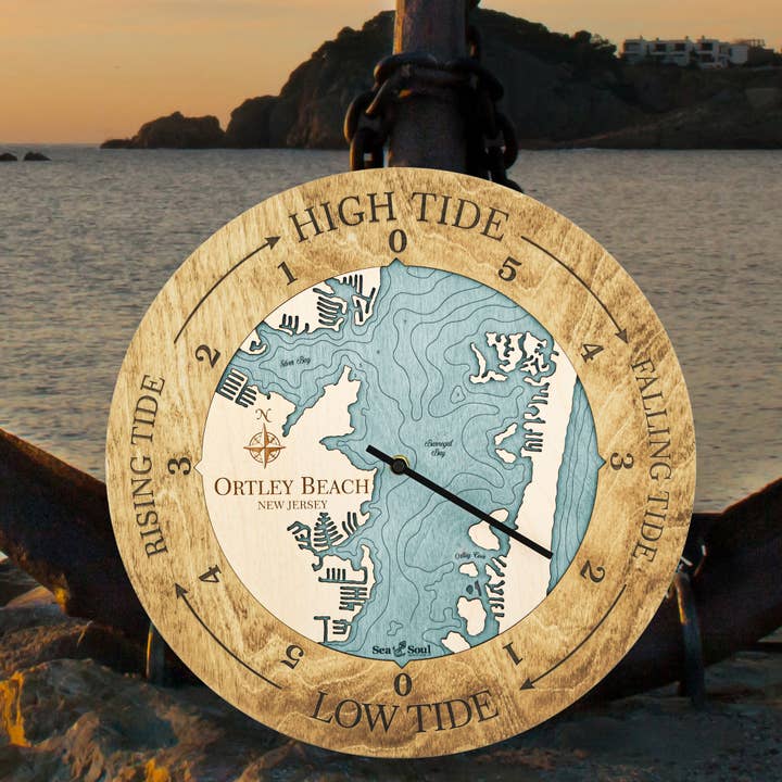 Ortley Beach Tide Clock Nautical Wood Map - 2 Sizes for wholesale by Sea & Soul Nautical Chart Art