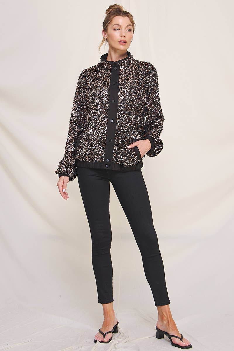 Black Rose Silver Fun Sequins Bomber Jacket for wholesale on Faire3