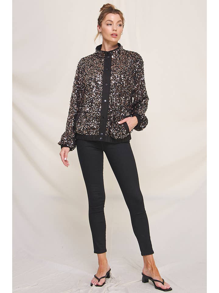 Black Rose Silver Fun Sequins Bomber Jacket for wholesale on Faire3