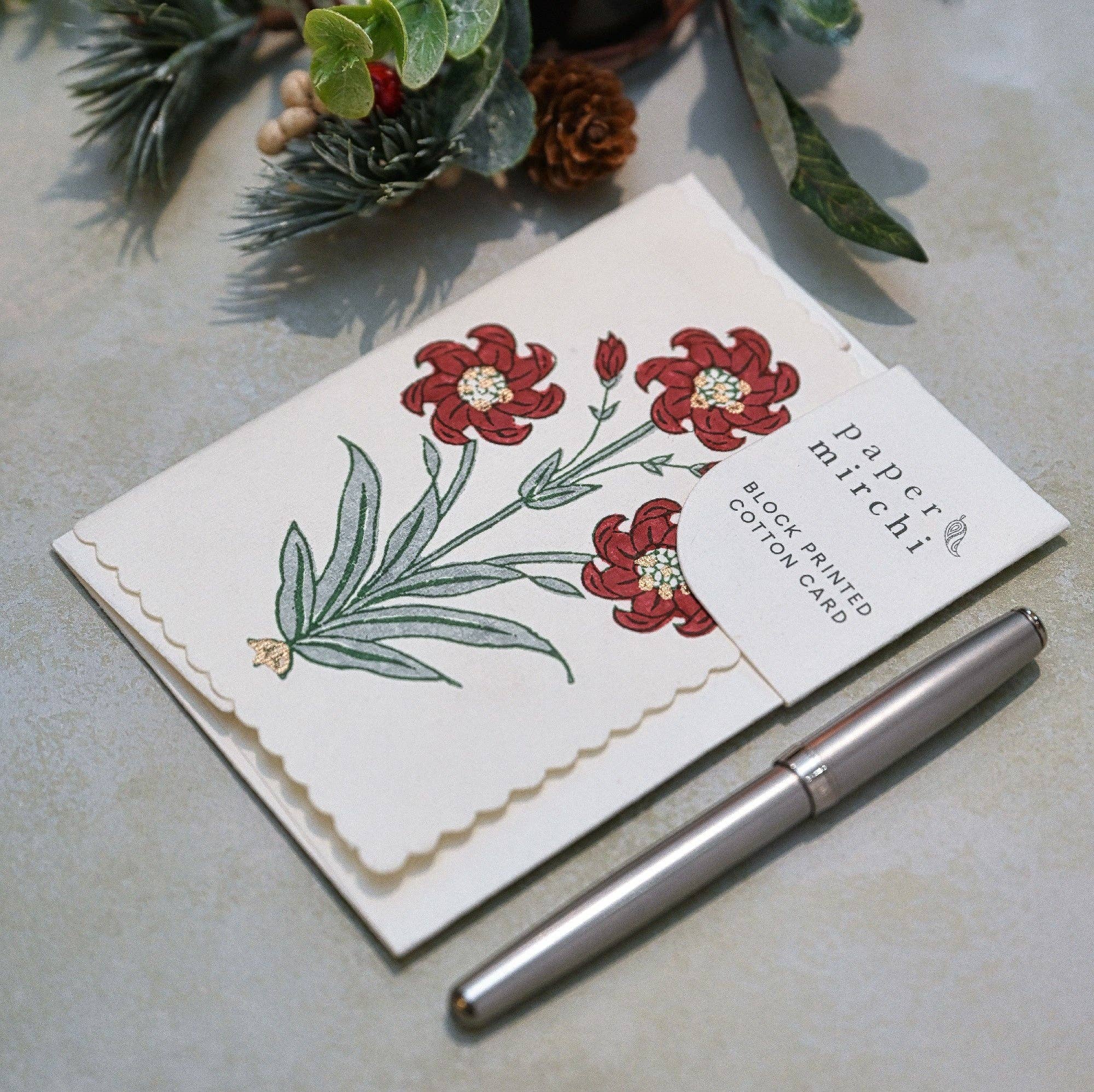 Paper Mirchi – wholesale Season’s Greetings card – Hand Block Printed Greeting Card - GC Nargis Sage5