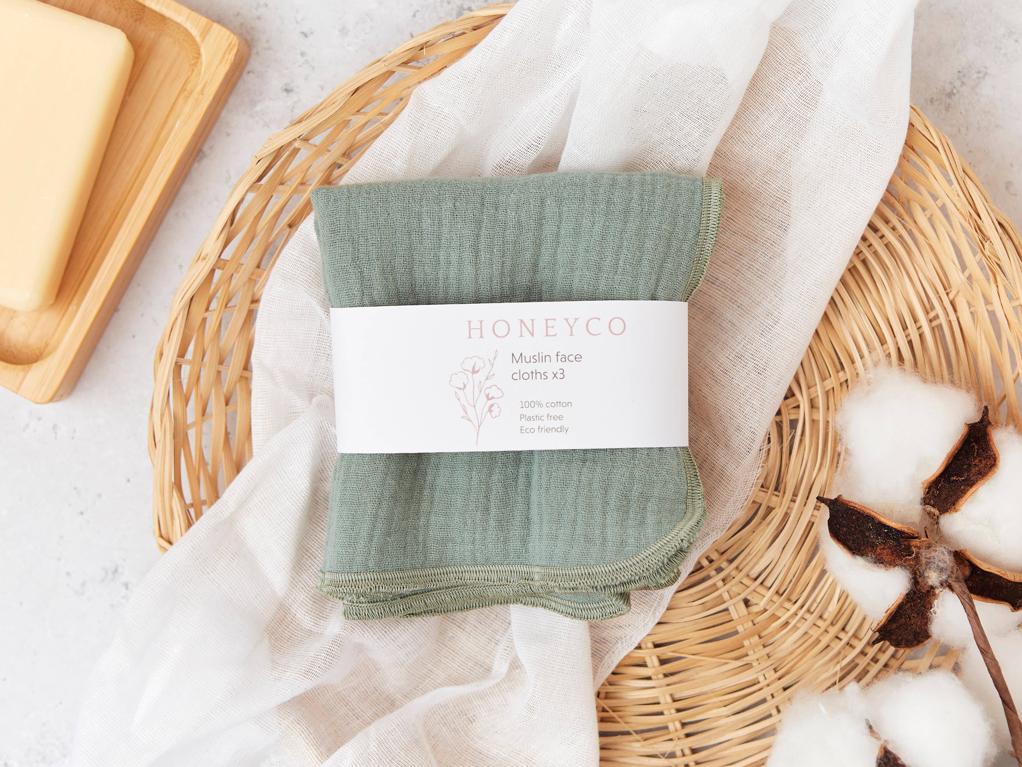honeyco - Wholesale Wash Cloth - Muslin face cloths - sage green - reusable - eco beauty