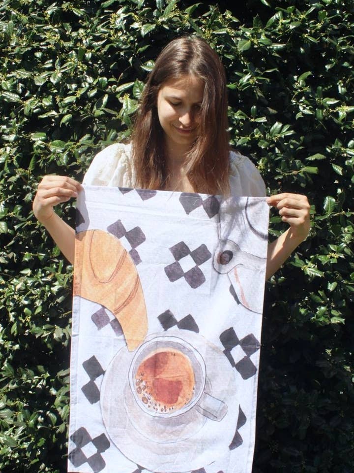Coffee and Croissant Tea Towel, French Kitchen Towel for wholesale by Alexandra Schmeling Fine Art