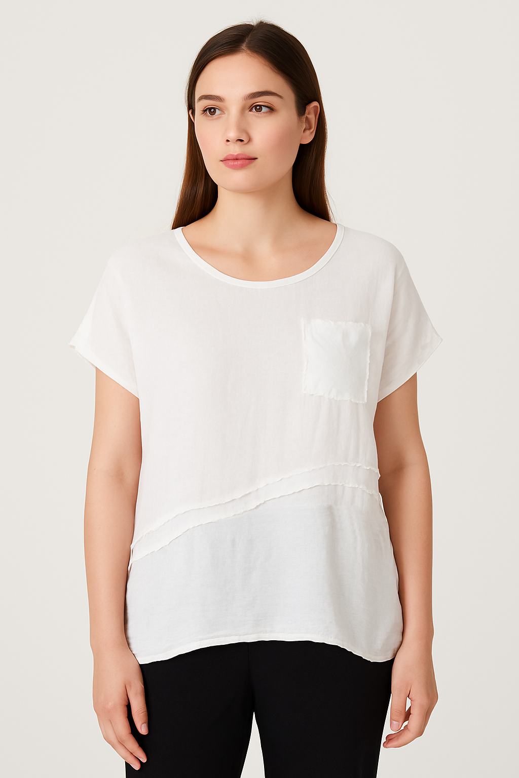Lucy Sparks – wholesale T-shirt – women's – LINEN FRONT COTTON BACK T-SHIRT WITH CHEST POCKET5