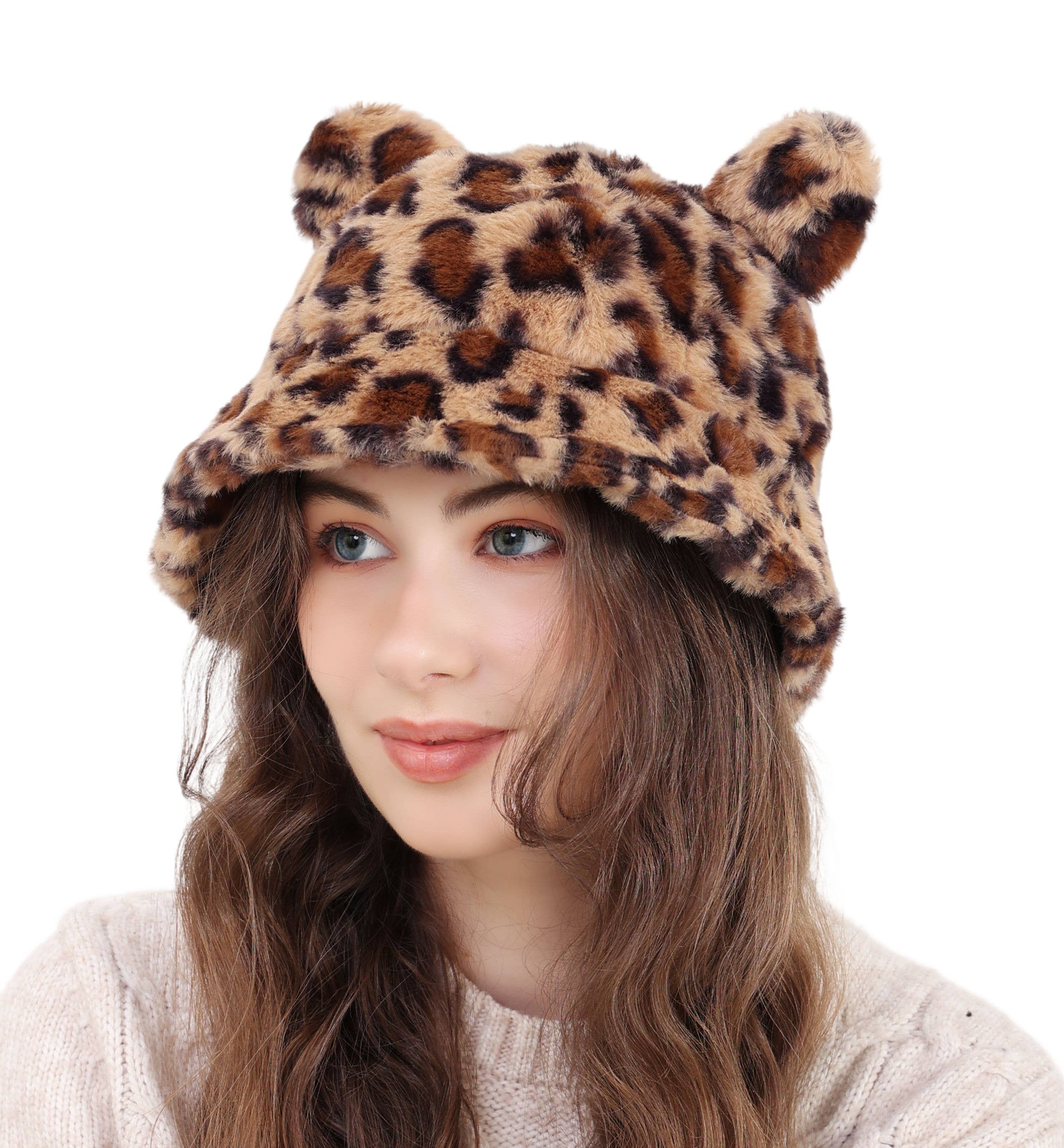 JC Sunny Fashion – wholesale Bucket hat – Women's – JCH308003 Brown Leopard Faux Fur Bear Bucket Hat1
