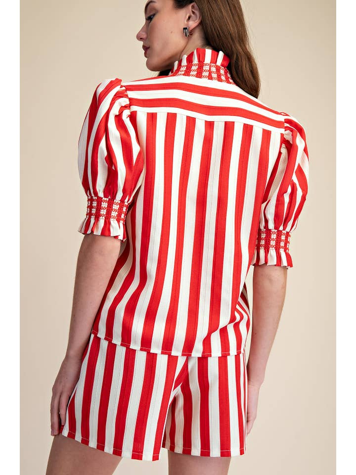 Glam - Wholesale Blouse - Women's - Ruffle V-Neck Smocked Puff Sleeve Blouse5