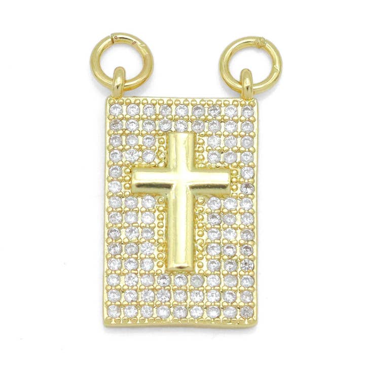 Gold Clear CZ Cross On Rectangle Charm Pendant, Sku#LK988 for wholesale by BestBeads&Beyond