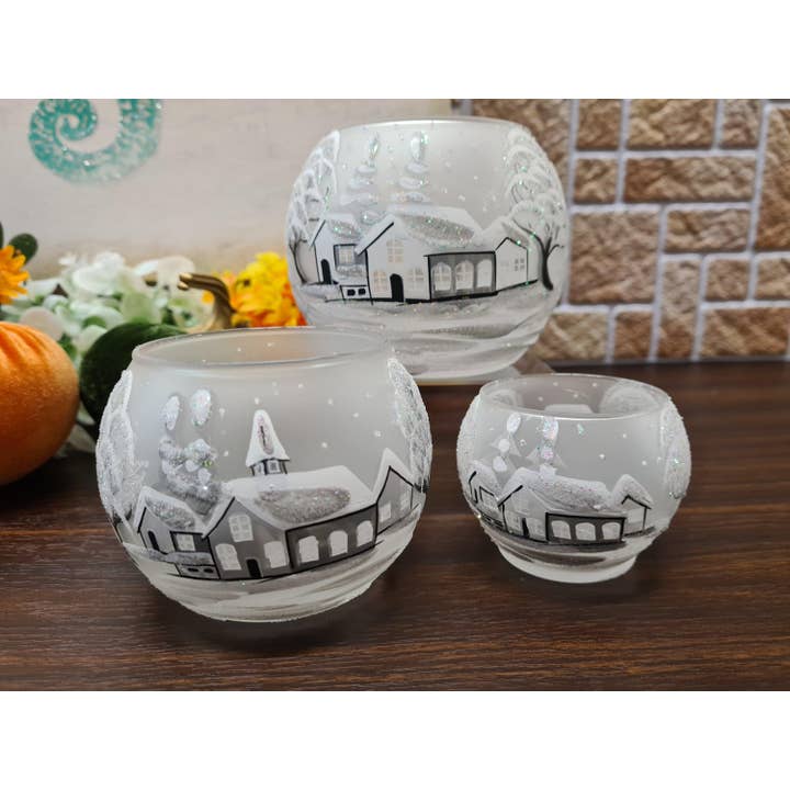 Glass by Iness - Wholesale Candle Holder - Small Frosted Glass Candle Holder, Hand Crafted in Ukraine, White Church Winter Wonderland, Wonderful Year Round6