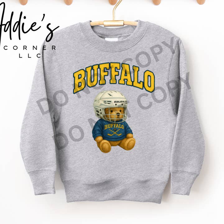 Buffalo hockey teddy bear kids unisex sweatshirt for wholesale by Addie's Corner