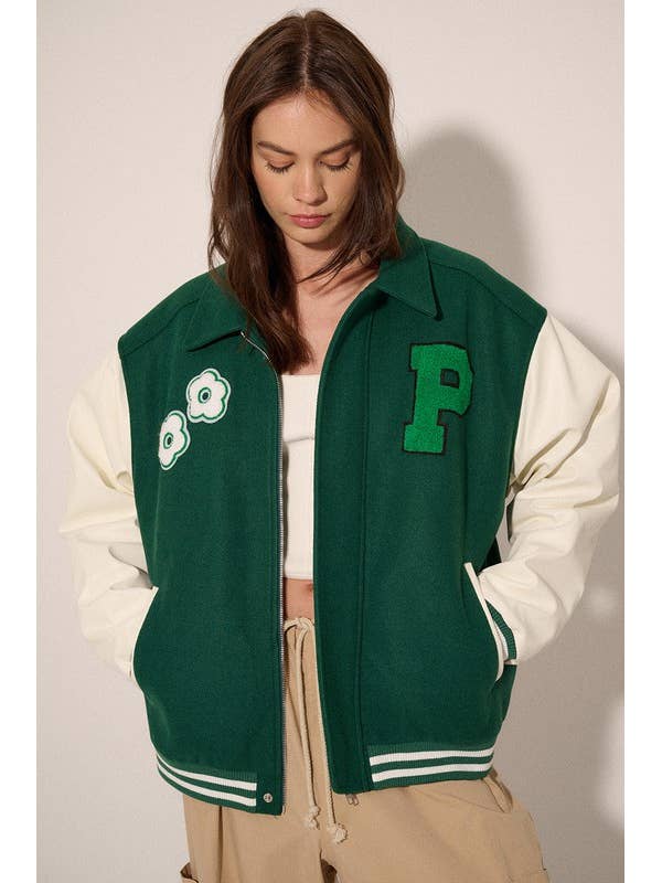 Contrast Flower Patch Letterman Varsity Jacket for wholesale by Lemon Tree