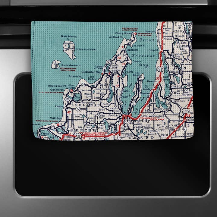 Traverse City Michigan Map Waffle Weave Kitchen Towel for wholesale by Daisy Mae Designs