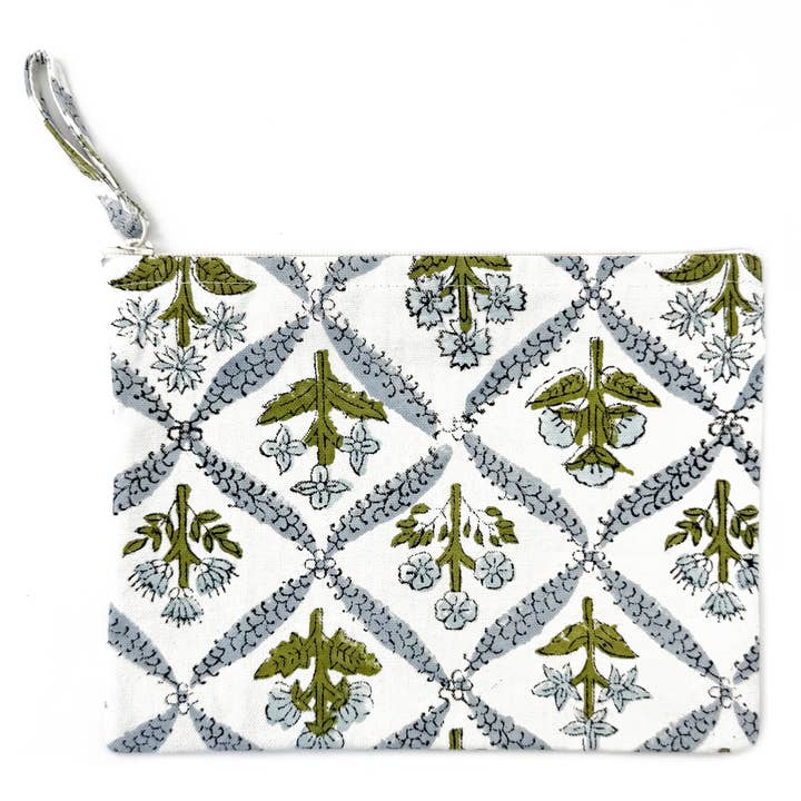 Handcrafted Canvas Pouch with Block-Printed Blue Trellis for wholesale by Anju Jewelry