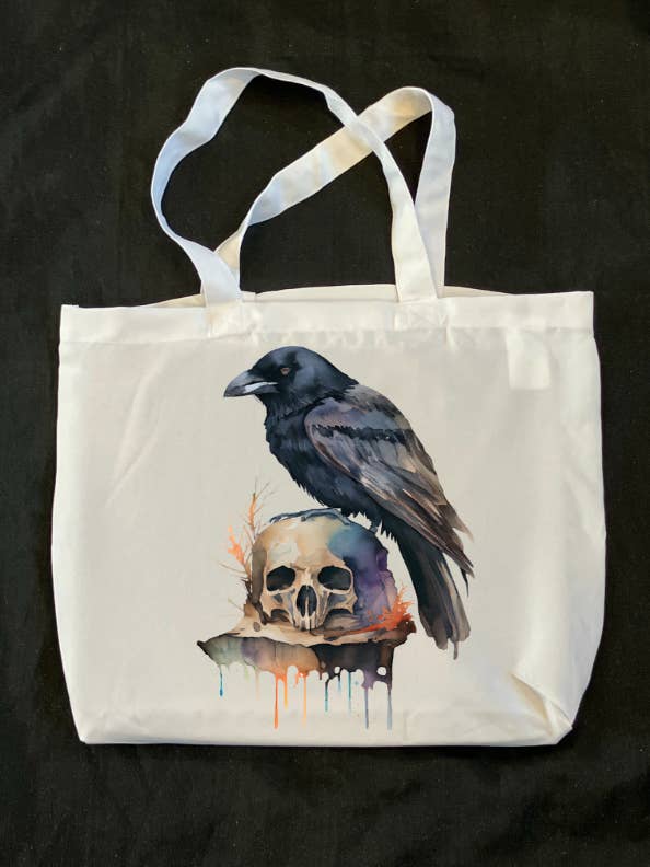 Raven & Skull Drip Tote Bag for wholesale by thegloomycottage