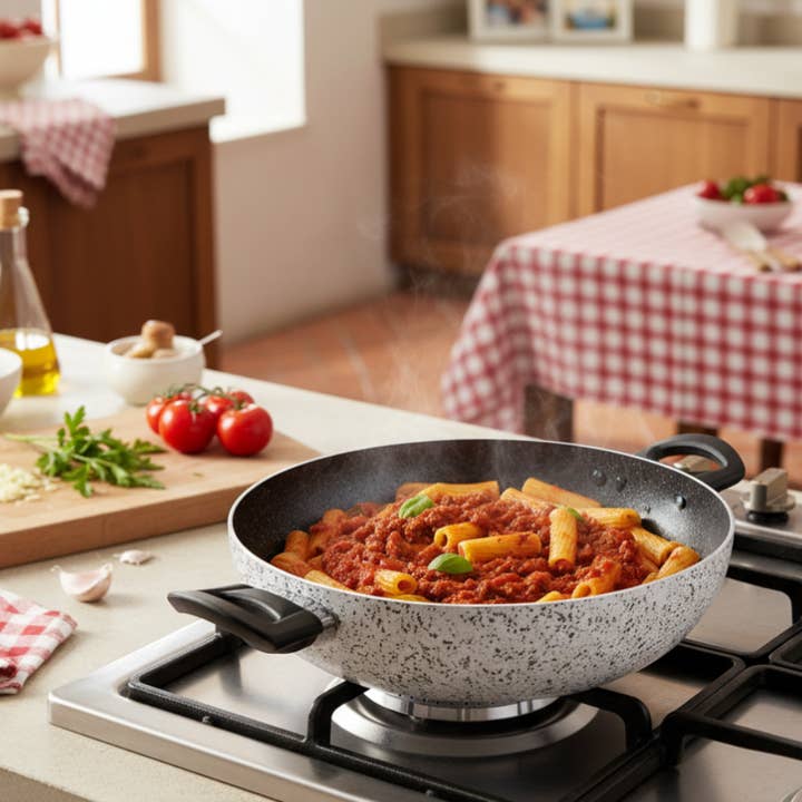 Saltapasta antiaderente maneggevole alluminio PFOA free antigraffio con due manici pratica cottura veloce made in italy per la vendita all'ingrosso da parte di Mamù Cookware