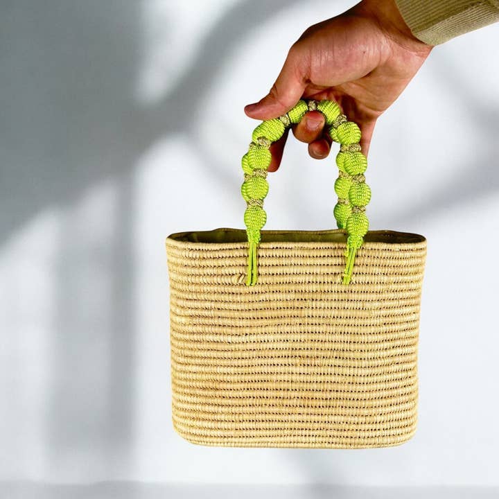 MIRAMAR Store - Wholesale Beach Bag - Handcrafted Raffia Bag with Green Beaded Handle