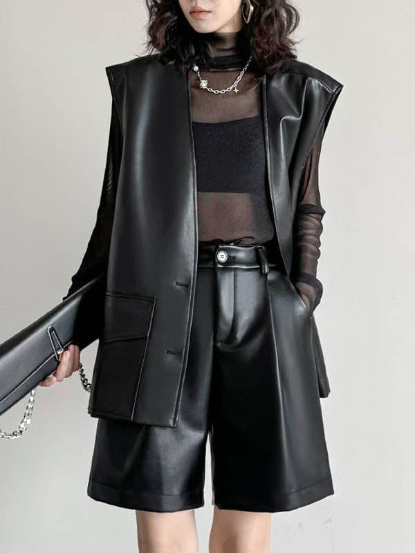 BLACK Loose Straight Leg High-Waisted Pleated Split-Joint Shorts for wholesale on Faire3