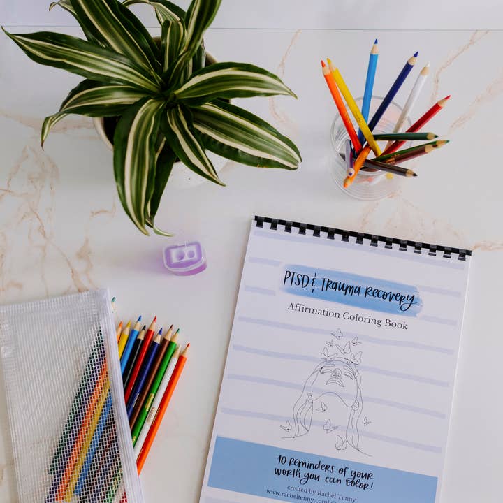 Libro da colorare sull'affermazione del disturbo da stress post-traumatico | Matite colorate e astuccio per la vendita all'ingrosso da parte di Rachel Tenny
