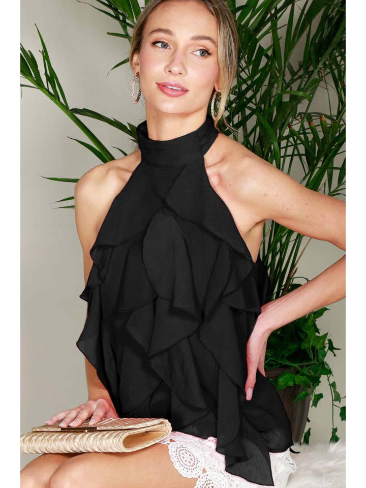 Vine & Love - Wholesale Blouse - Women's - Halter Neck Sleeveless Ruffle Detail Blouse Top VT81971