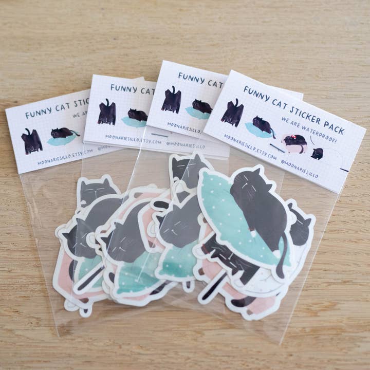 Moonaries illo - Wholesale Sticker - Funny black cat sticker pack, 4 pieces inside1