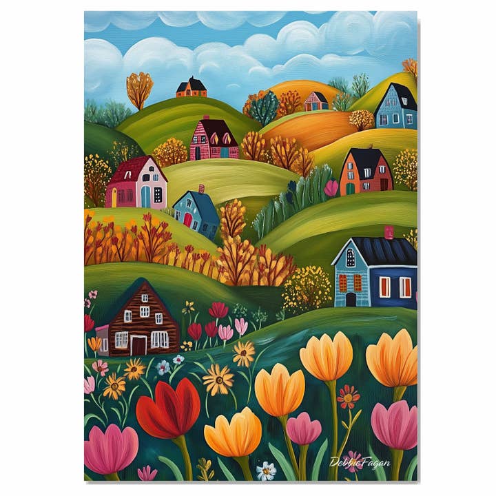 Colorful Houses and Flowers on Bright Hillside Canvas for wholesale by Art Paradise Studios