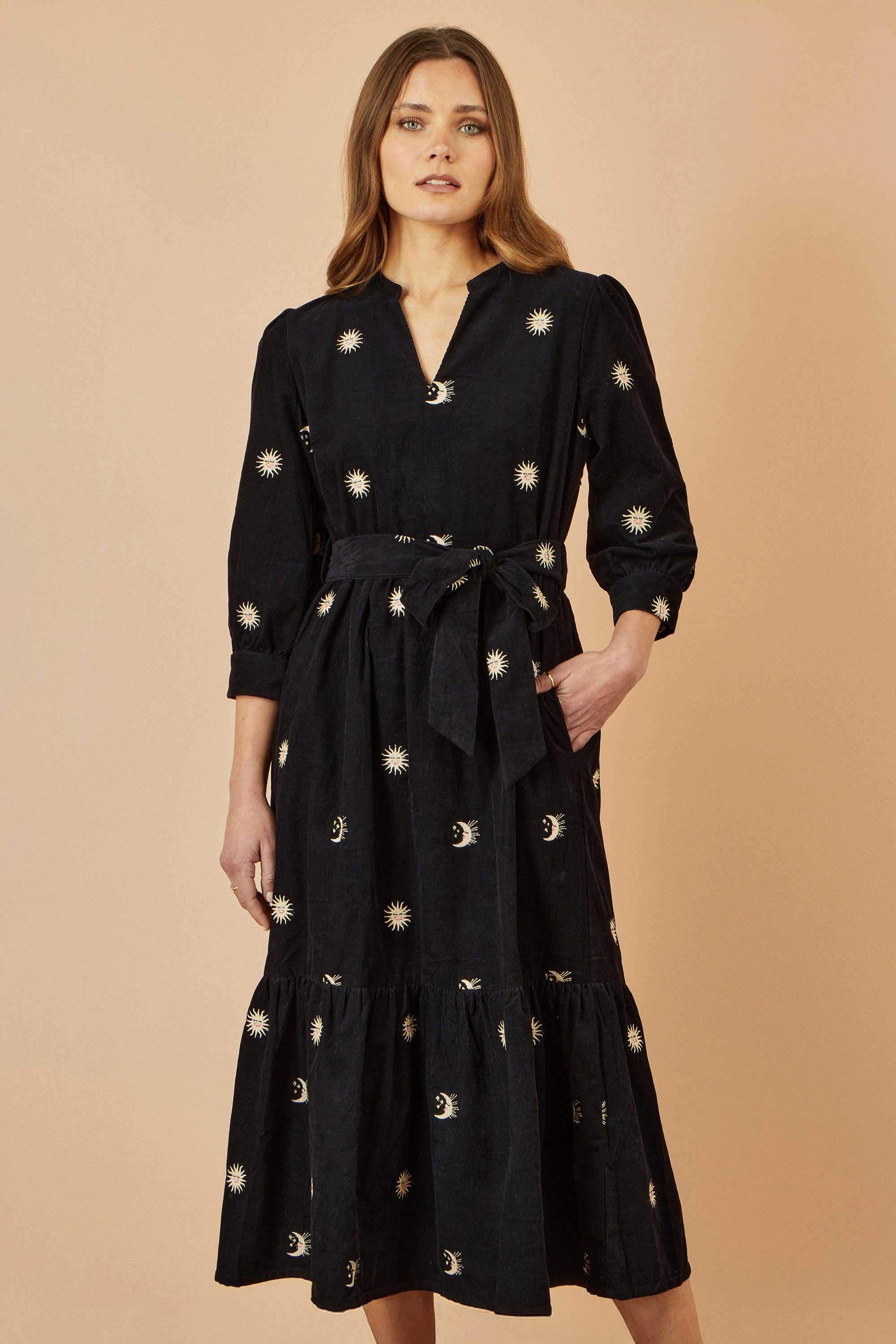 Yumi Black Cosmic Embroidery Cord Midi Shirt Dress for wholesale on Faire0