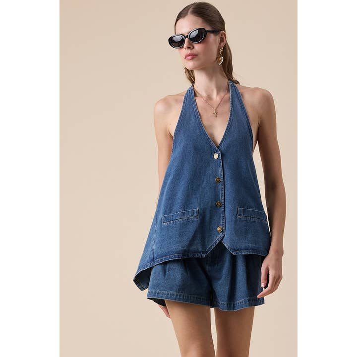 DENIM HALTER TIE NECK BUTTON DOWN BACKLESS TOP for wholesale by Sky to Moon