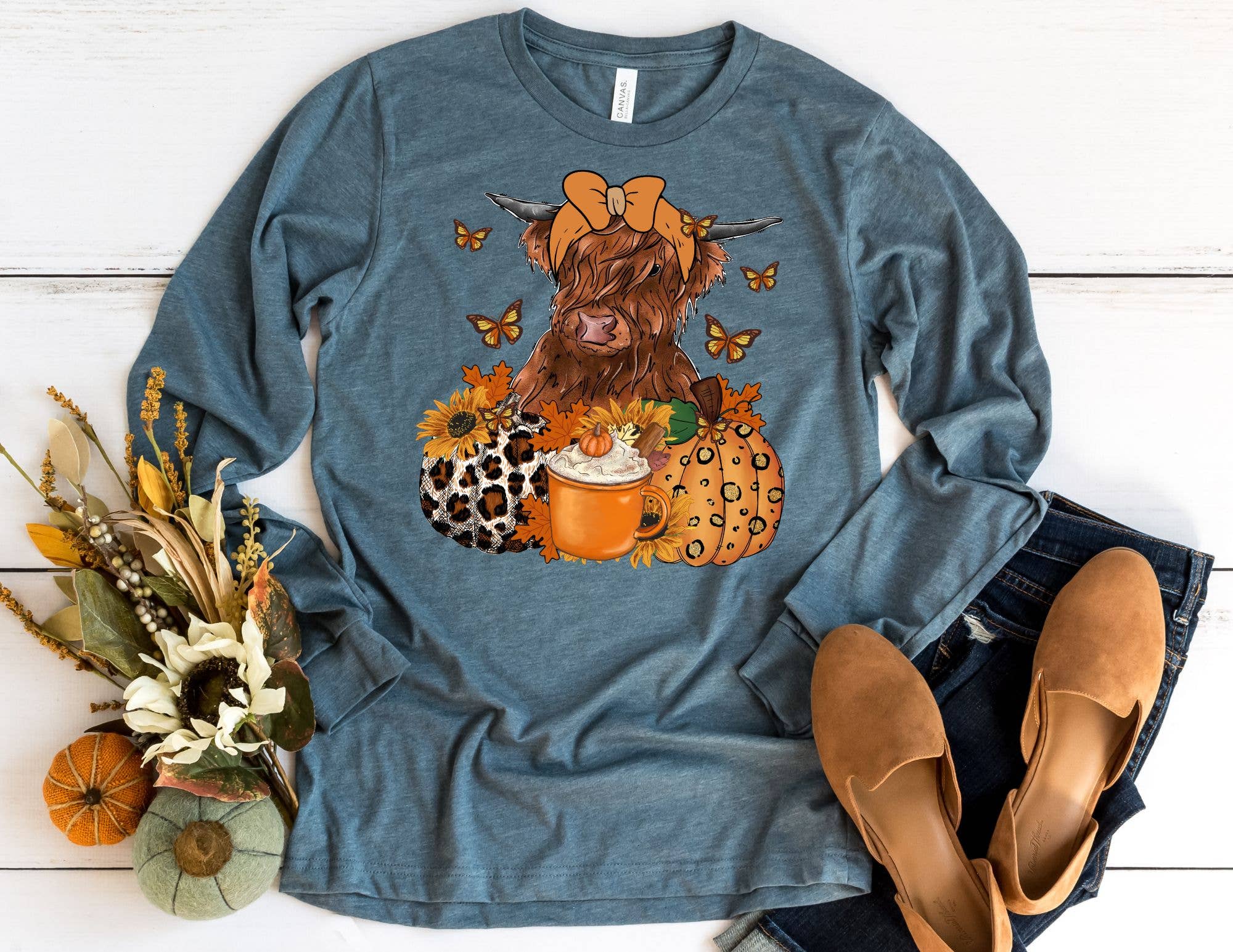 The Shirt Company - Wholesale T-Shirt (Graphic) - Women's - Fall Highland Cow Long Sleeve Shirt - Fall Shirt0