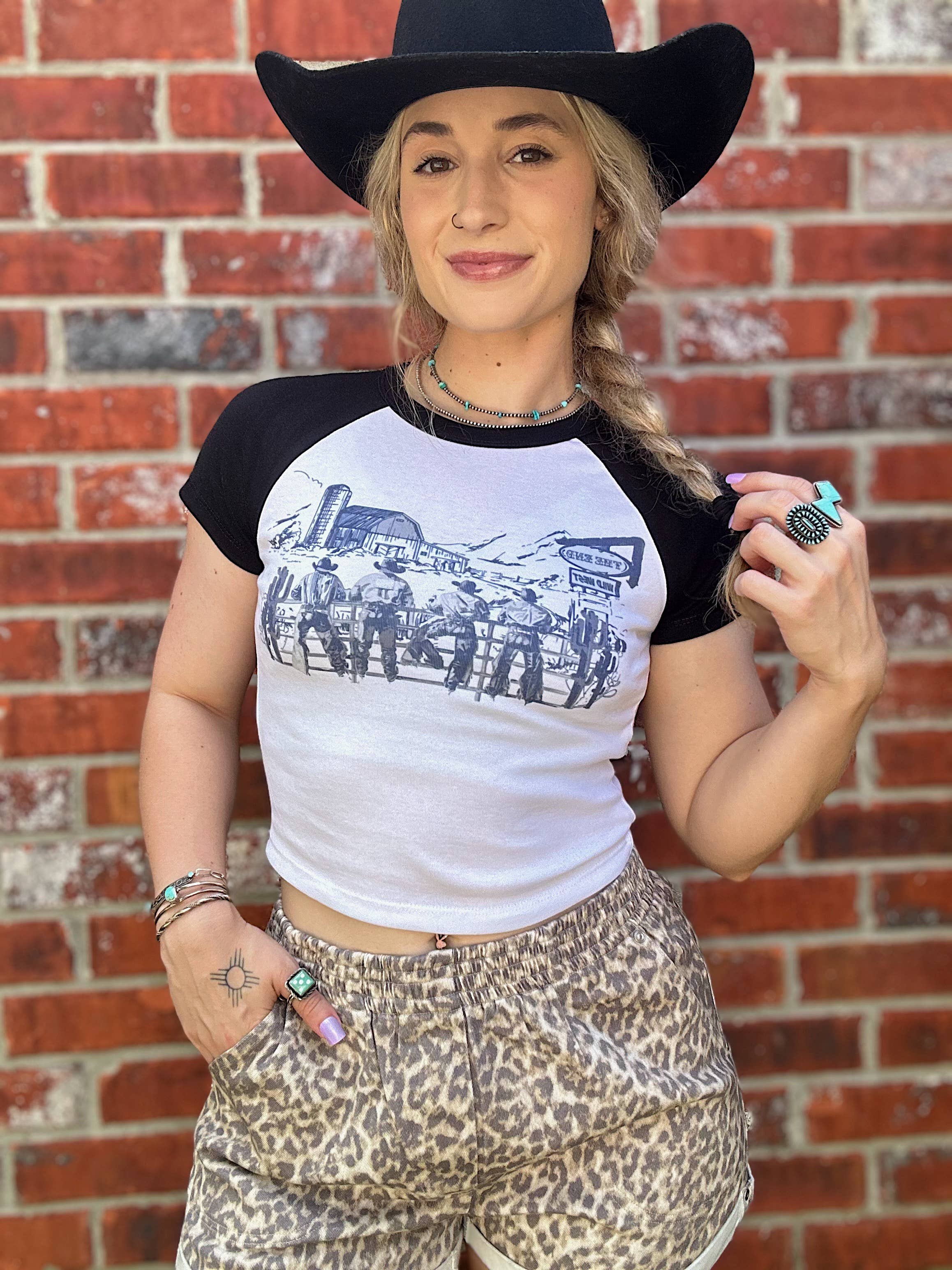 Gunpowder and Glam Boutique - Wholesale Screen Printed T-Shirt - Women's - Cowboy Scene Baby Tee2