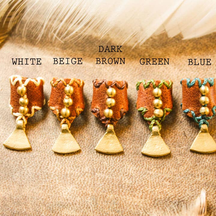 Leather and brass dreadlock bead with charm » Handmade for wholesale by Nomadu