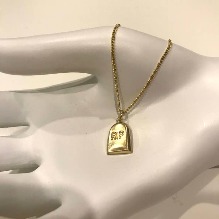 Butter Brass by Vittrock - Wholesale Pendant/Charm Necklace - RIP Headstone Necklace on 18" or 24" Gold Plated Chain