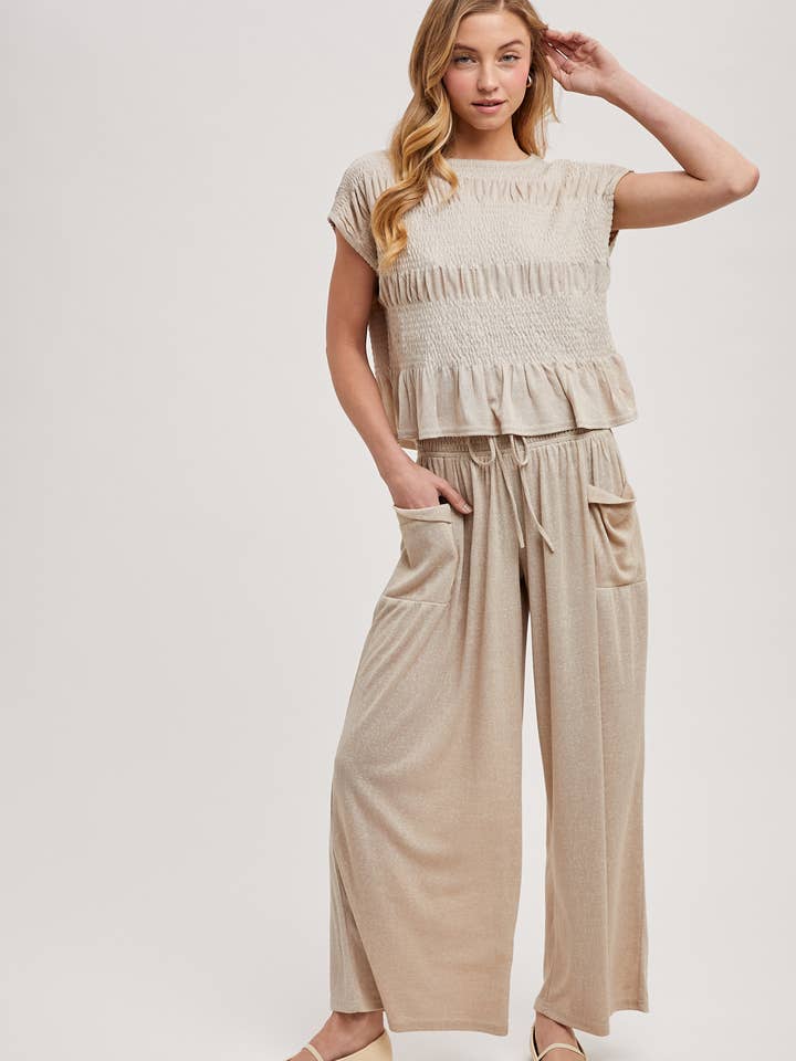 Bluivy - Wholesale Top & Pant Set (NOT Loungewear) - Women's - RELAXED KNIT SMOCKED TOP AND WIDE PANTS SET