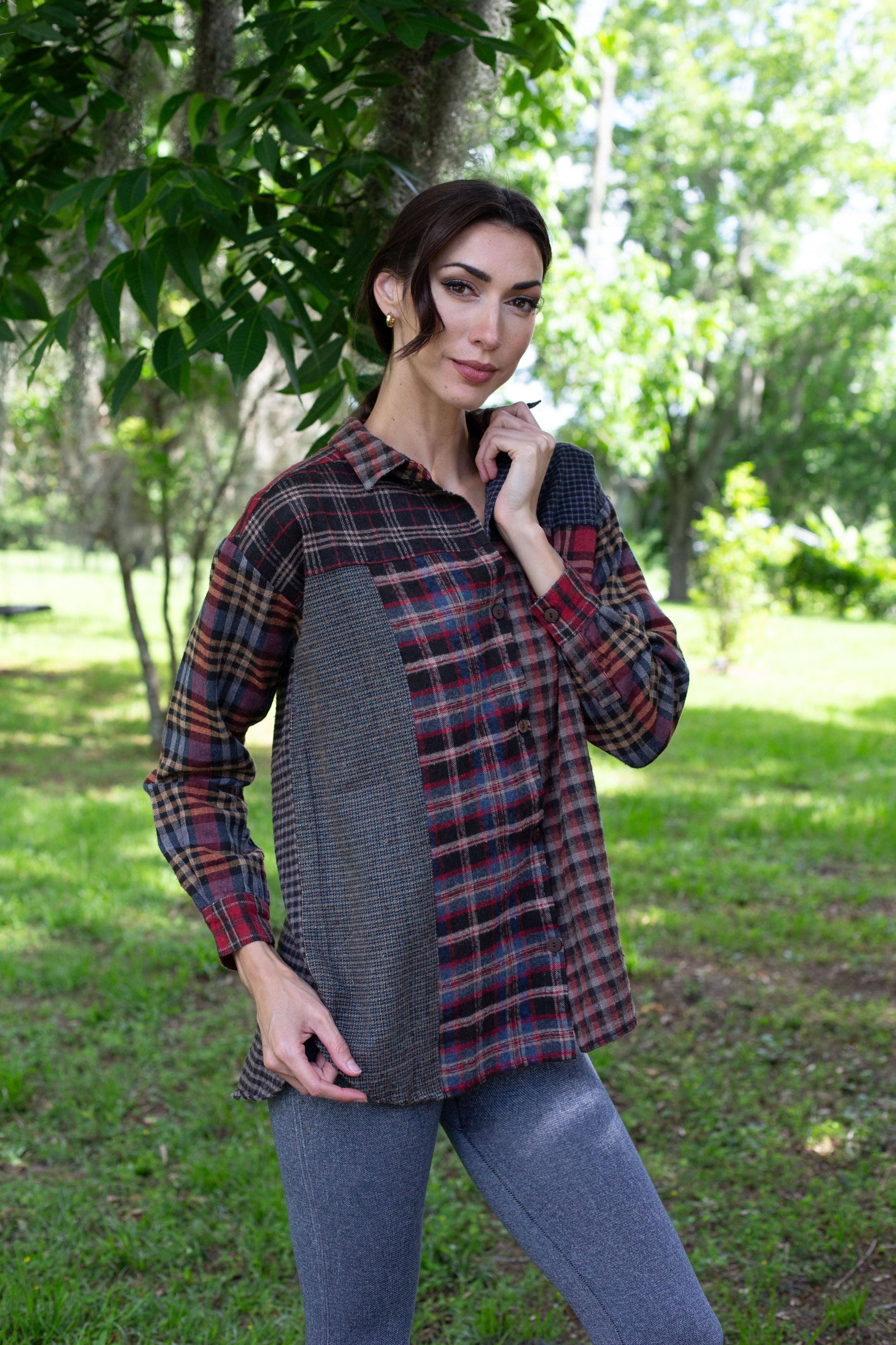 Sacred Threads - Wholesale Button Down Shirt - Women's - Patchwork Plaid Brushed Cotton Button Shirt2