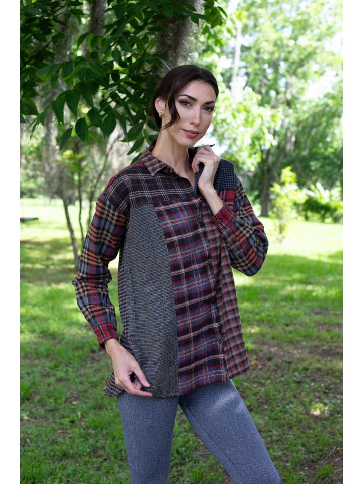 Sacred Threads - Wholesale Button Down Shirt - Women's - Patchwork Plaid Brushed Cotton Button Shirt2