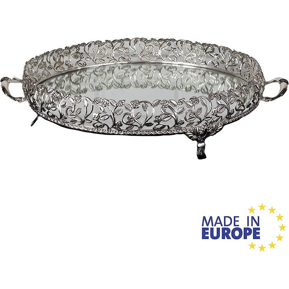 Hakan – Großhandel Deko-Tablett – Ovales, handgefertigtes Spiegel-Tablett aus Metall mit filigranem Design von Hakan4