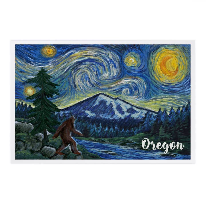 PREMIUM POSTCARDS Columbia River Oregon Bigfoot Starry Night for wholesale by Lantern Press