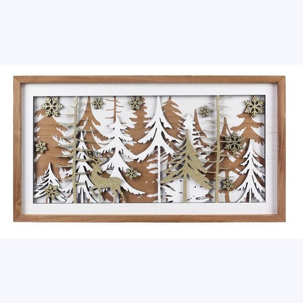 Wood Layered Wall Art W/Laser Cut Forest And Deer for wholesale by Young's