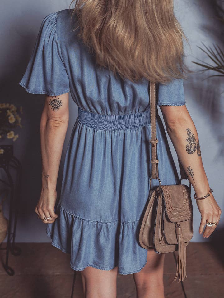 Ashleigh Blue Ruffled V Neck Smocked Denim Mini Dress for wholesale on Faire3
