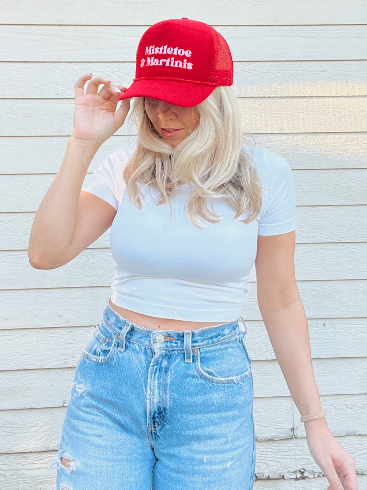 Maddon and Co - Wholesale Trucker Hat - Unisex - Mistletoe & Martinis Foam Trucker Hat - Red & Pink1