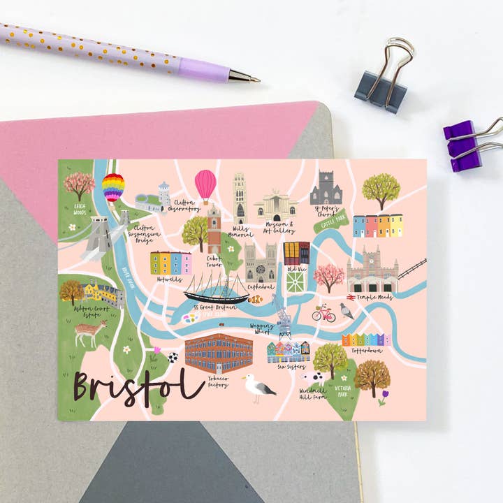 Tarjeta postal del mapa de Bristol para venta al por mayor de Sarah Frances