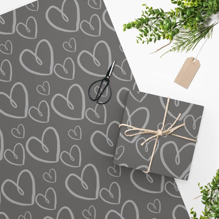 Luxury Gift Wrap - Grey Hearts - Wrapping Paper for wholesale by The Copper Fruit