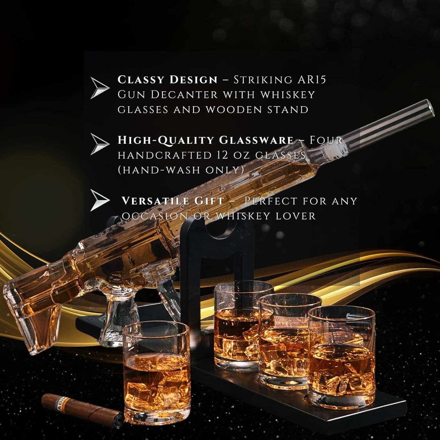The Wine Savant /  Khen Glassware - Wholesale Decanter - AR15 Whiskey Gun Decanter Set 1000 ml & 4 Bullet Glasses2