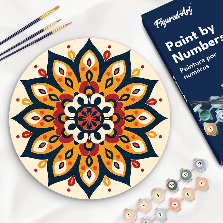 Paint by numbers on Wood Slice - Sunburst Mandala for wholesale by Figured'Art (UK)