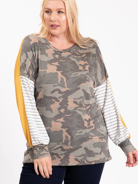 TG8097-plus size sweatshirt met kleurenblok met camouflageprint voor wholesale door lovely melody