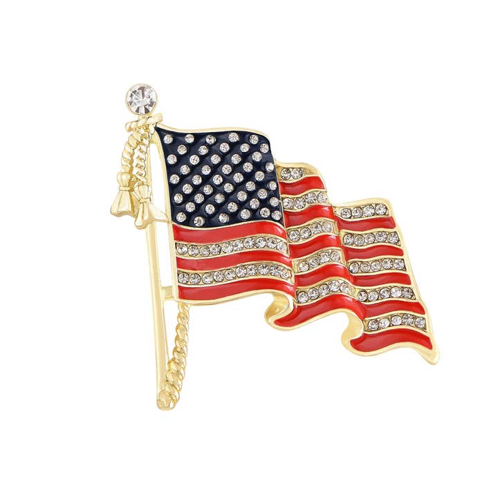 AK Brand - Wholesale Brooch - America USA Patriotic Crystal Rhinestone Waving Flag Brooch