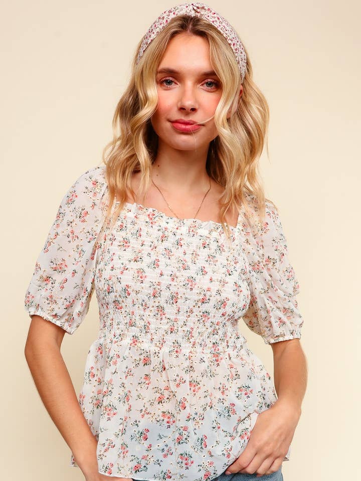Floral Eyelet Smocking Babydoll Top for wholesale by Kori America