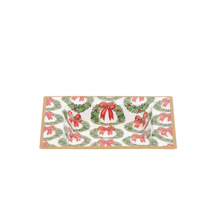 Red Green Holly Wreath Bow Enameled Tori Trinket Tray for wholesale on Faire2