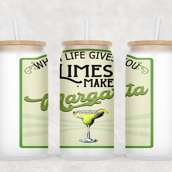 Margarita Glass Cup with clear straw and bamboo lid for wholesale by Smile Graphics and Design