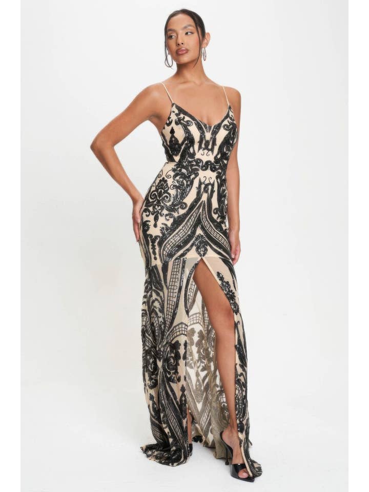 CC Wholesale Clothing - Wholesale Dress – Women's - Spaghetti Strap Art Deco Sequins Maxi Dress15
