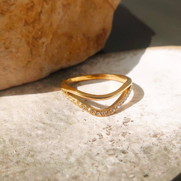 Orleans 18K Gold Non-Tarnish Layered V Rhinestone Ring for wholesale on Faire