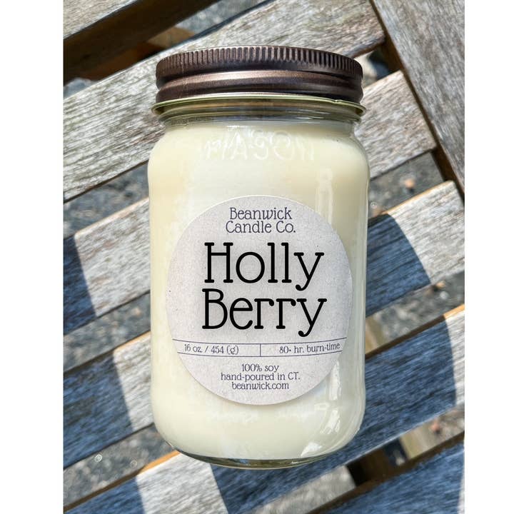 Candela di soia HOLLY BERRY in barattolo di vetro, regalo unico per la vendita all'ingrosso da parte di Beanwick Candle Co.
