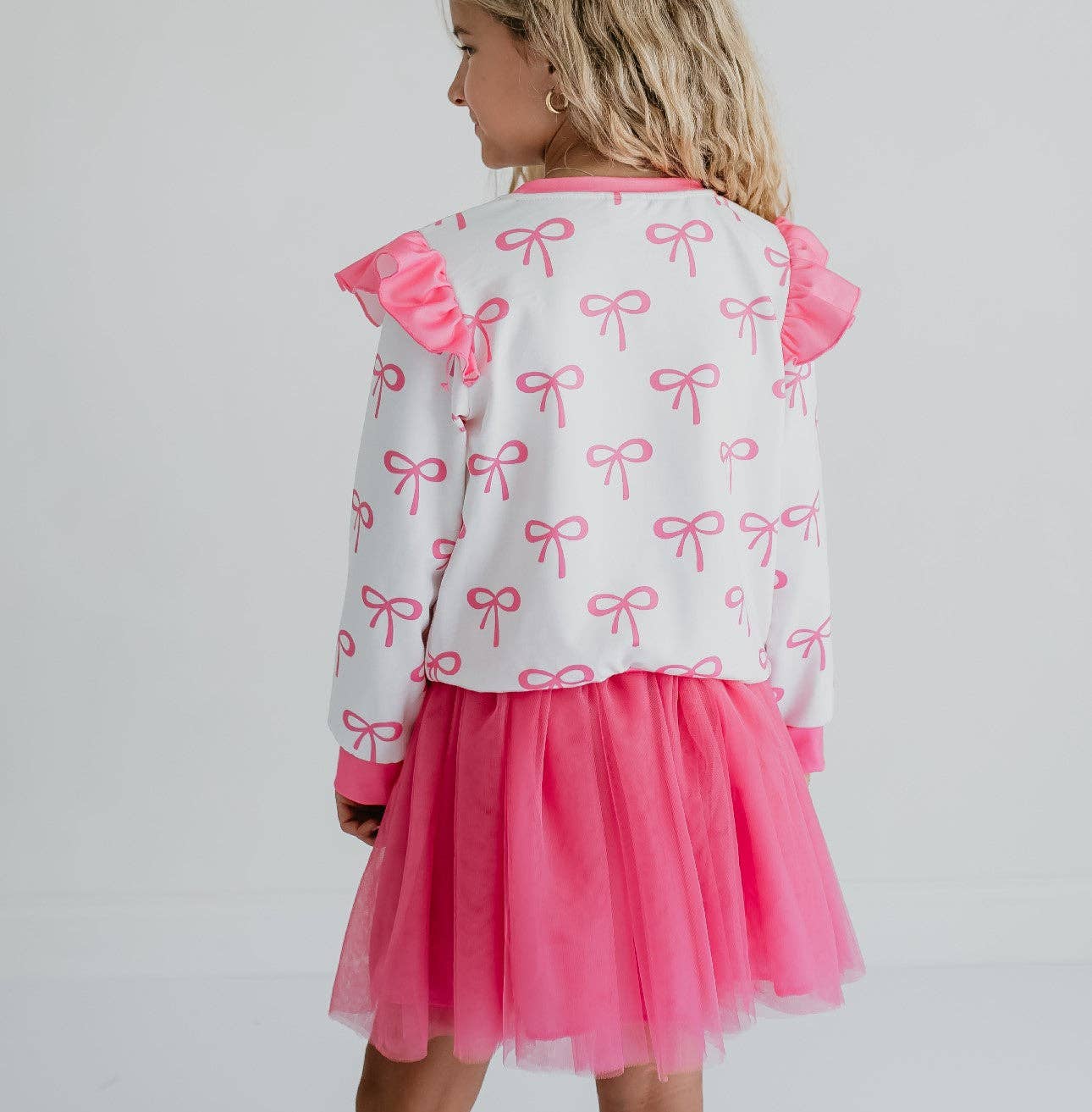 Adorable Sweetness - Wholesale Top & Skirt Set - Kids - Girls White & Hot Pink Coquette Bow and Tulle Skirt Set5